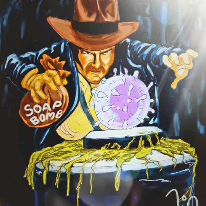 Soap Bomb Indiana Jones caricature by Peter Caselin