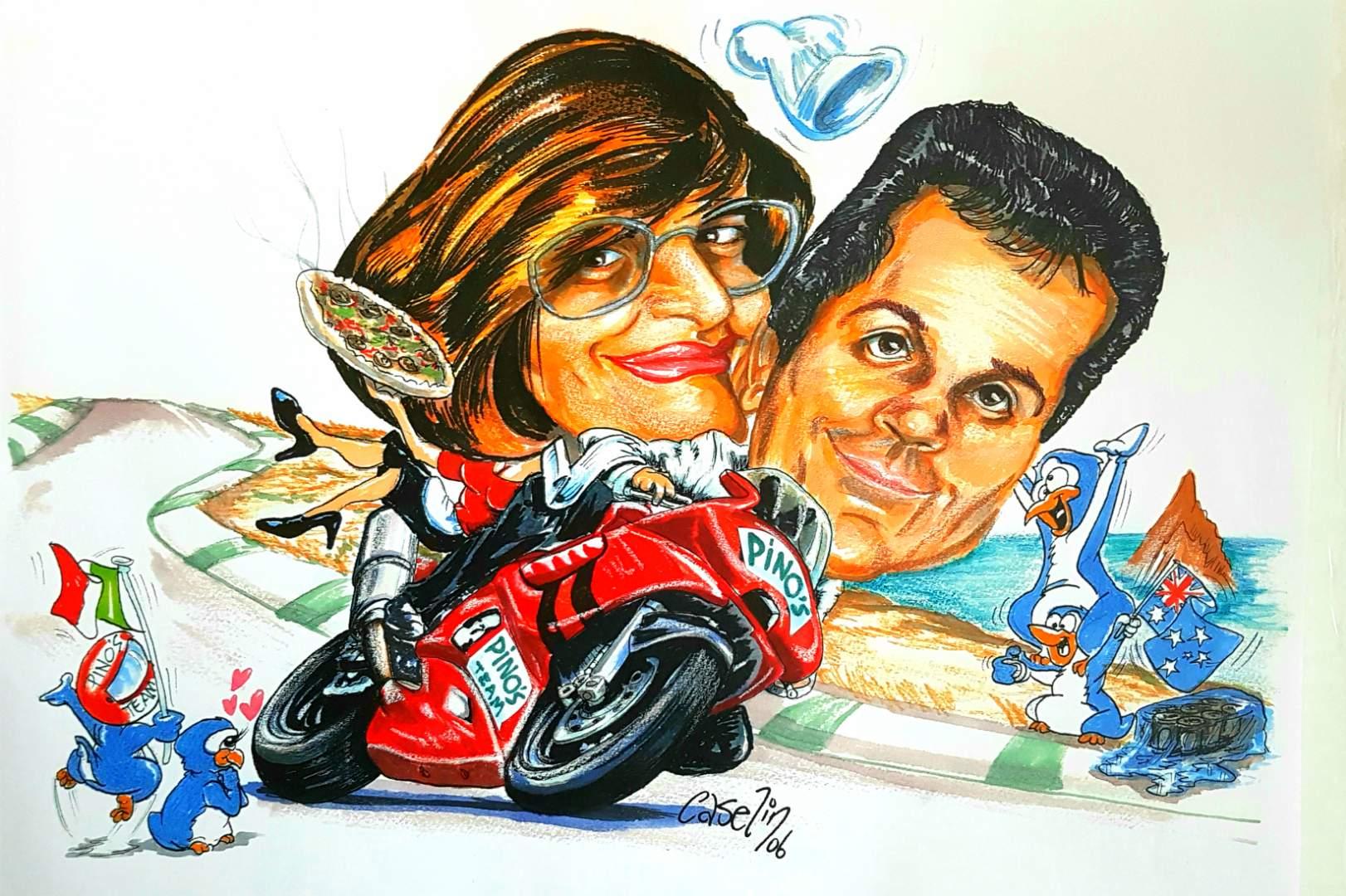 Fun motorcycle couple caricature by Peter Caselin