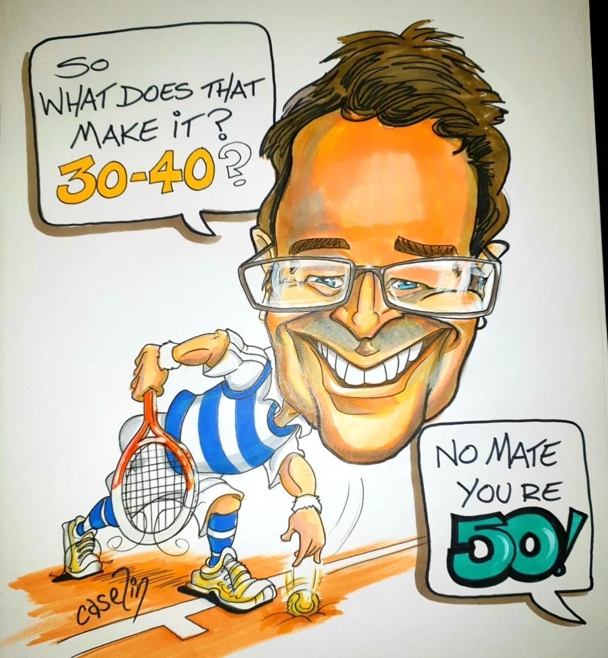 Peter Caselin 50th birthday tennis caricature